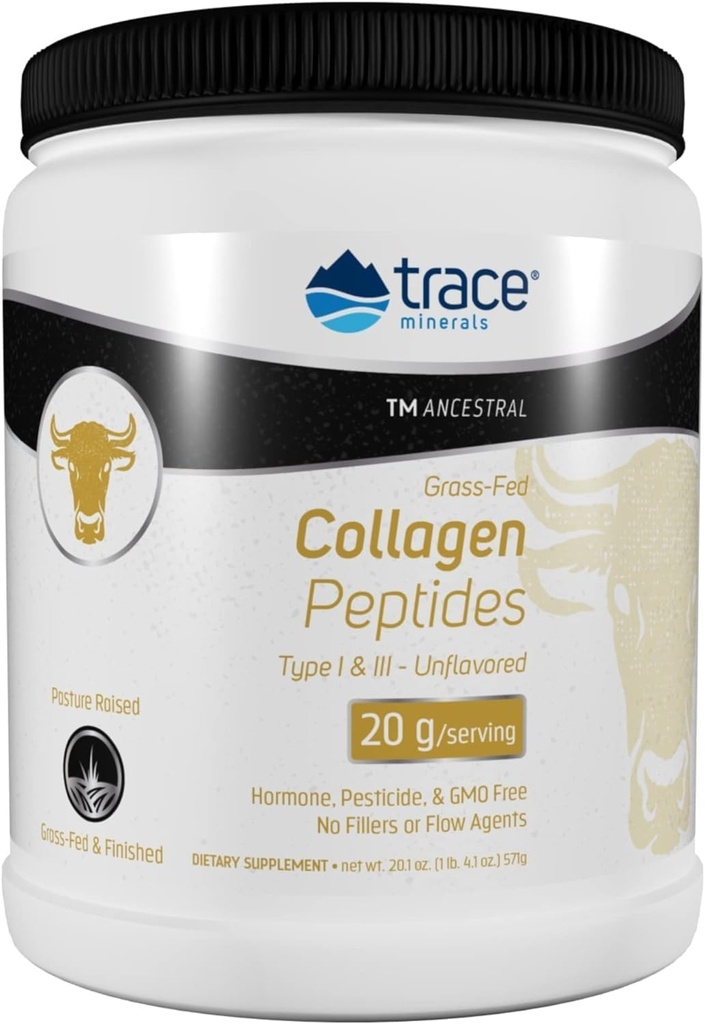 Trace מינרליםs Collagen Peptides - תמיכה בריאה העצם ושיתופית - תוספת קולגן עזרה חזקה שיער, ציפורניים ועור - אבקה תוספת תמיכה Gut Health - Unflavored, 571g (28 משרתים)