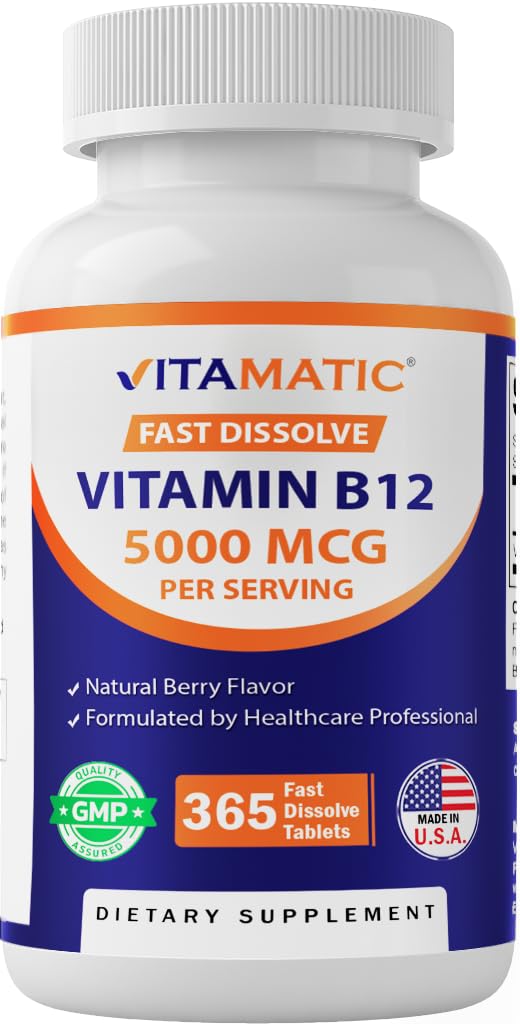 ויטמין Vitamatic B12 5000 mcg - 365 טבליות במהירות dissolve ברי פלאמור - תומך ייצור אנרגיה ו- Nervous System Health - Non-GMO, Gluten-Free