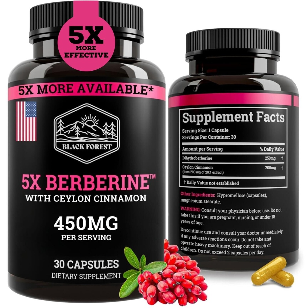 Black Forest 5X Berberine a Dihydroberine תוסף (Super Berberine Now 5X יעיל יותר מאשר ברברליין HCL) הטוב ביותר Dihydroberine עם Ceylon Cinnamon - דומה Berberine Phytosome