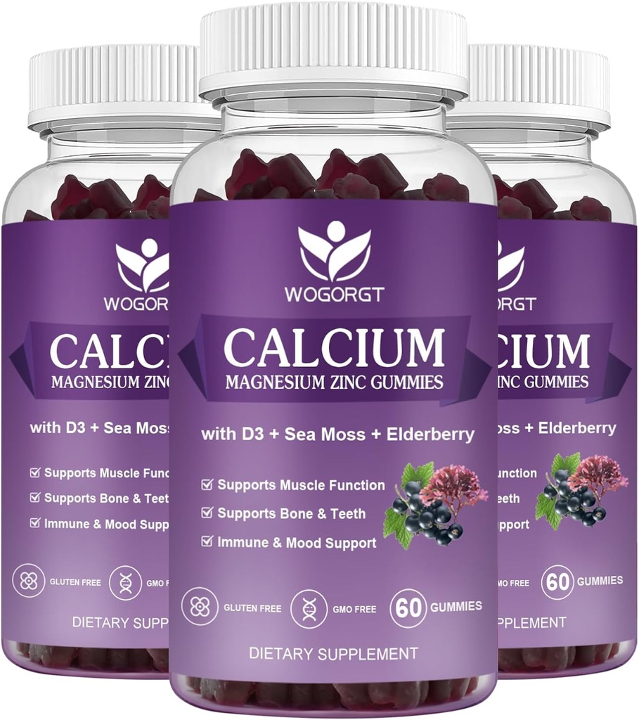Calcium Magnesium Zinc Gummies עם ויטמין D3 - High Absorption Complex Calcium תוסף עם Sea Moss, Elderberry עבור העצם, השרירים, Immune, Mood & Sleep Support, טבעוני - 60 מסטיקים (3 Pack)