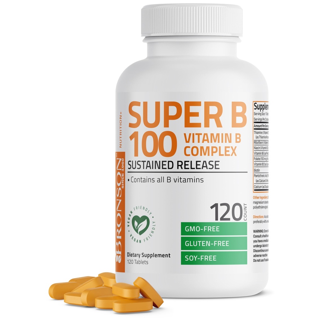 Bronson Super B100 ויטמין B Complex Sustained מקבל את כל ויטמין B (Vitamin B1, B2, B3, B6, B9 - Folic Acid, B12, 120 טבליות