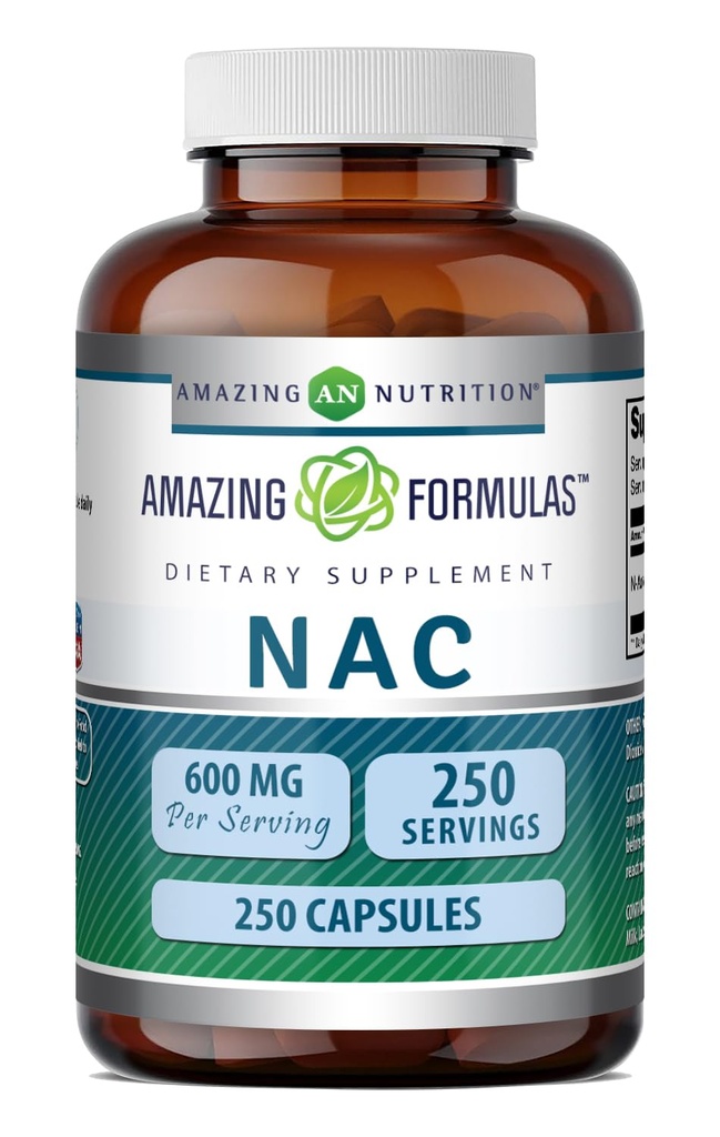 פורמולה מדהימה NAC (N-Acetyl-L-Cysteine) תוספת של 600 מ"ג לשרת | 250 קפסולות | Non-GMO | Gluten Free | Made in USA