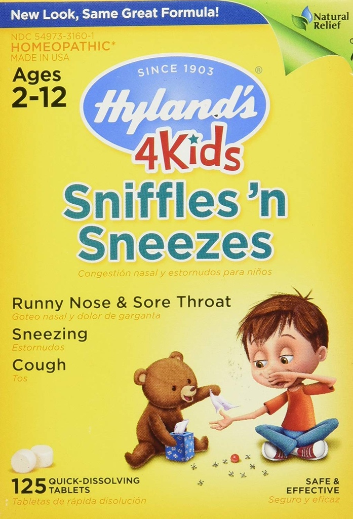 Zinc for Kids Ages 2+, Cold Medicine Tablets, Hyland's 4 Kids Sniffles n' Sneezes, Decongestant, Headache and Sinus Relief, טיפול טבעי עבור אלרגיה ותסמינים קרים נפוצים, 125 הרוזן ספירה