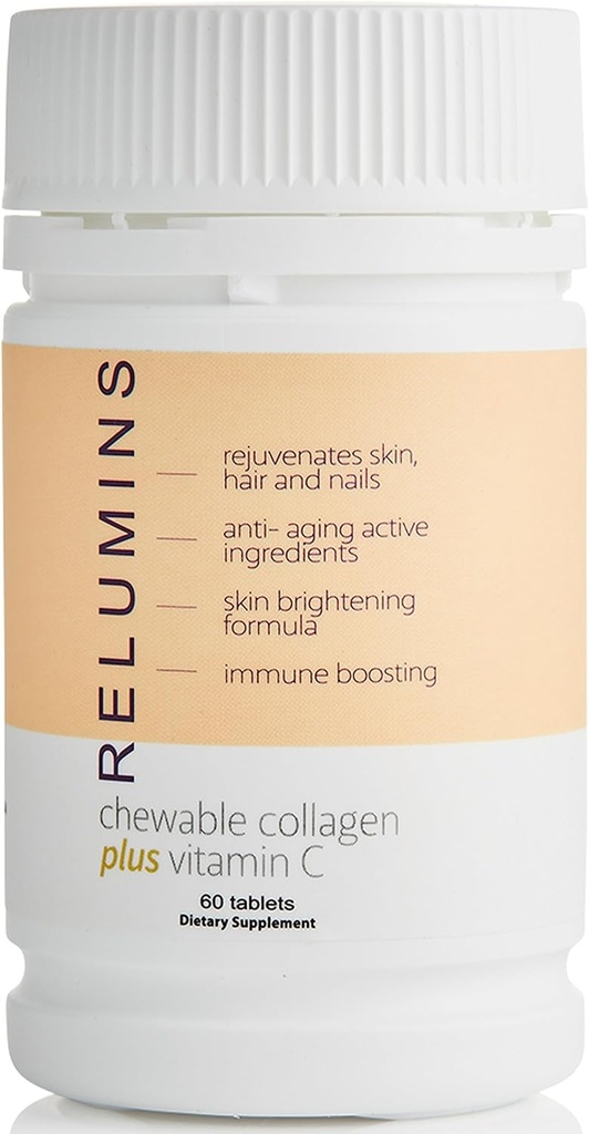 Relumins Collagen Supplements for Women & Men Collagen Chewable with Silk Peptide, Hyaluronic Acid, CoQ10, & ויטמין C & E - 60 טבליות תוספת Peach-Flavored Collagen לכל בקבוק