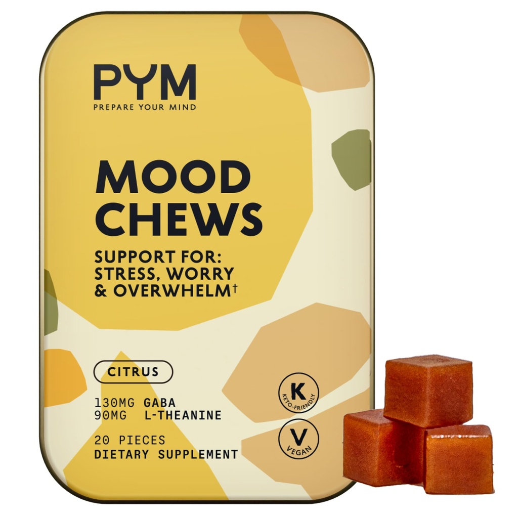 PYM Citrus Mood Chews תמיכה מתח, דאגה & Overwhelm, 20 Count | 130mg GABA, 90 מ"ג L-theanine | טבעוני, non-GMO, Gluten-Free, No added Sugar | All-Natural Mood Balance Made in USA