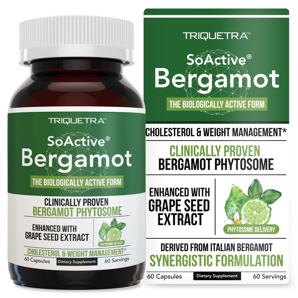 SoActive Bergamot: 2.5X יותר יעיל, איטלקית Citrus Bergamot Phytosome - קלינית בתוקף | משופרת עם Grape Seed Extractd Extractd Extract - תמיכה Cholesterol וניהול משקל (60 קפסולות)