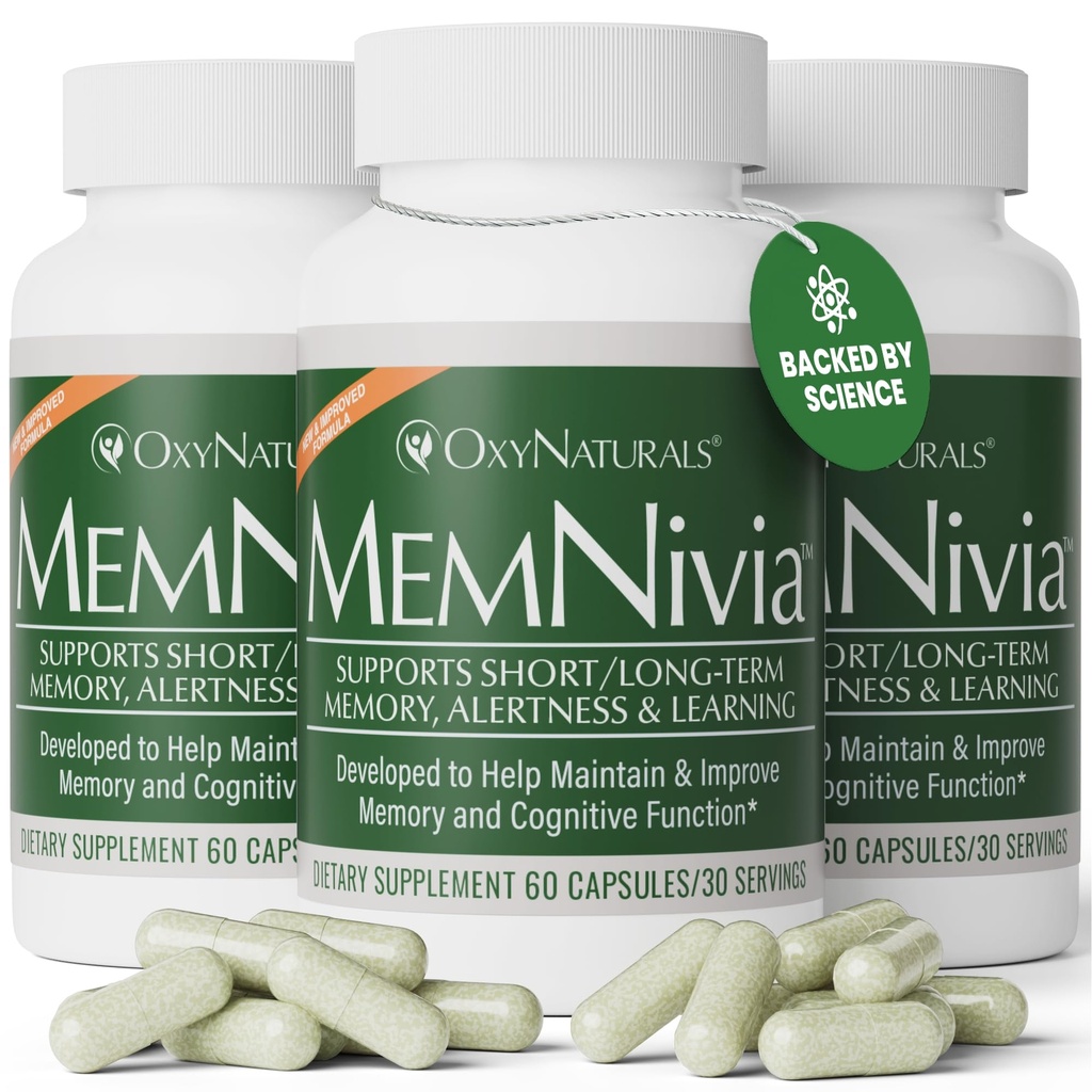 MemNivia Brain Supplements for Memory & Focus | Double-Sage Stem Cell Formula with Cognivia®, Bacopa, Holy בזיל וג'ינג 'ינג'ר | תמיכה משמעותית ב-180 קפסולות (3 בקבוקים)