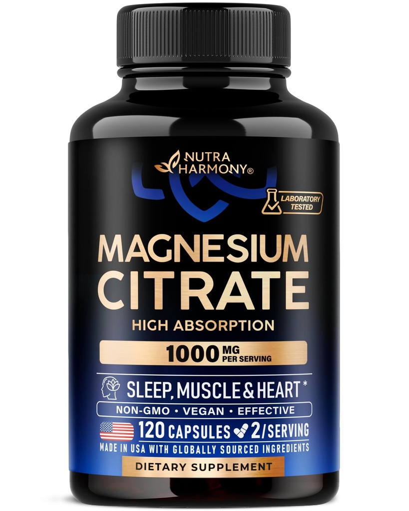 Magnesium Citrate קפסולות 1000 מ"ג | תוספי תזונה גבוהה - שינה, שריר ותמיכה בלב - טבעוני | Non-GMO - Made in USA - Asאבקה | גלולות | טבליות - 120 קפסולות, 2 חודשים אספקה