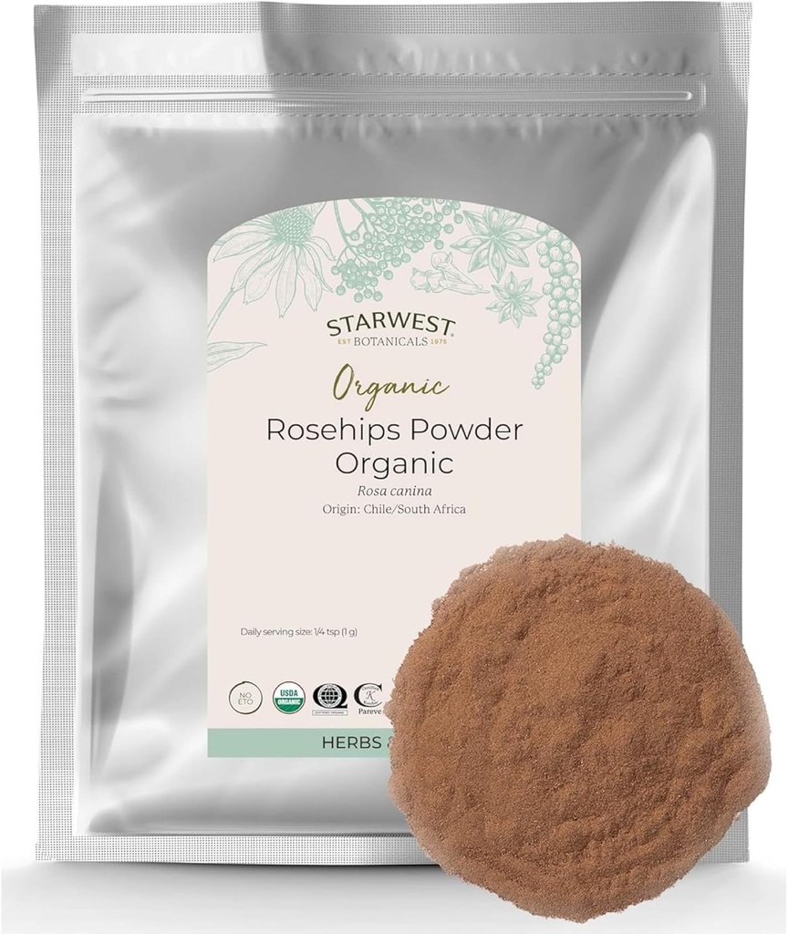 Starwest הבוטנים Rosehips אבקת אורגני - Dried Herb for Tea & Baking, יפה קרקע, מקור טבעי של ויטמין C, כשר מוסמך, non-GMO - Bulk 1 lb Bag