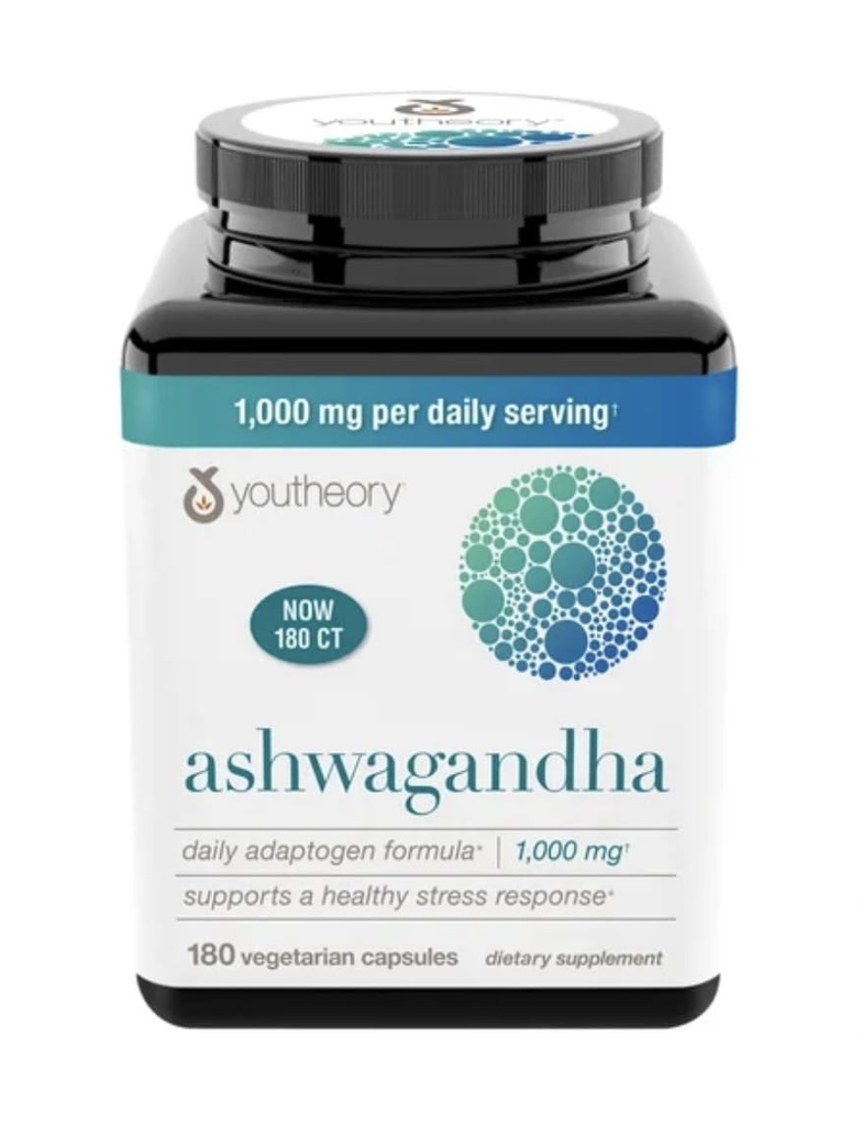 Youtheory Ashwagandha 1000 מ"ג עם KSM-66 - מסייע לתמוך בתגובה ללחץ בריא, 180 קפסולות (Pack of 1)
