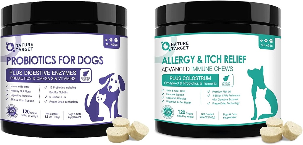 NATURE TARGET Probiotics for Dogs, עם Prebiotics & Digestive Enzymes, ויטמינים אומגה 3 עבור Allergy Itch הקלה, צמצם את Diarrhea, Gas, stop Pawlicking, Hot Spots, Shedding