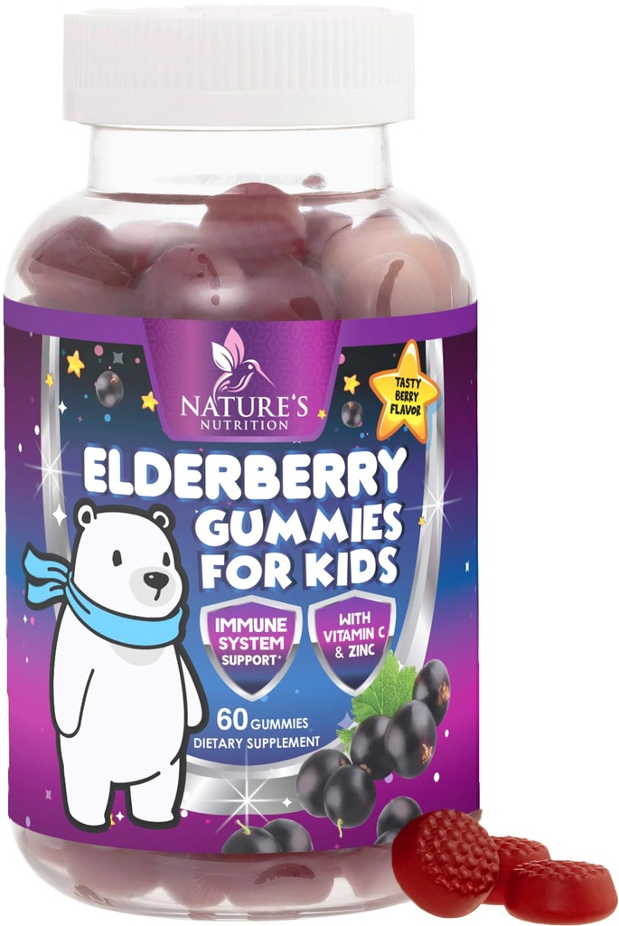 ילדים Immune Support Elderberry חניכיים - ויטמין C, Zinc & Kids Immunity Support Gummy - Nature's Sambucus Elderberry תוסף, טבעוני, Gluten-Free, Tasty Berry Flavor - 60 מסטיקנים