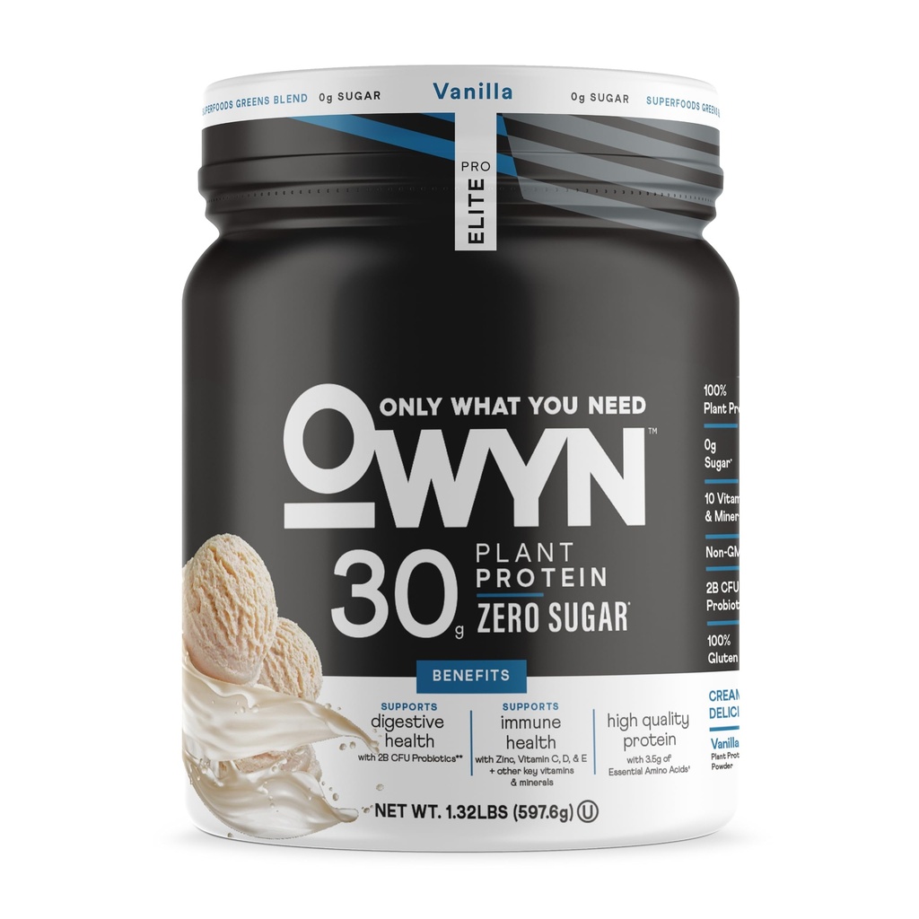 OWYN רק מה שאתה צריך Pro אבקת חלבון גבוהה עלית, 30 גרם חלבון טבעוני עבור Workout Recovery, טעים Smooth Taste, Zero Sugar, Low Net Carbs, Vanilla, 12 משרתים (1.32 LB)