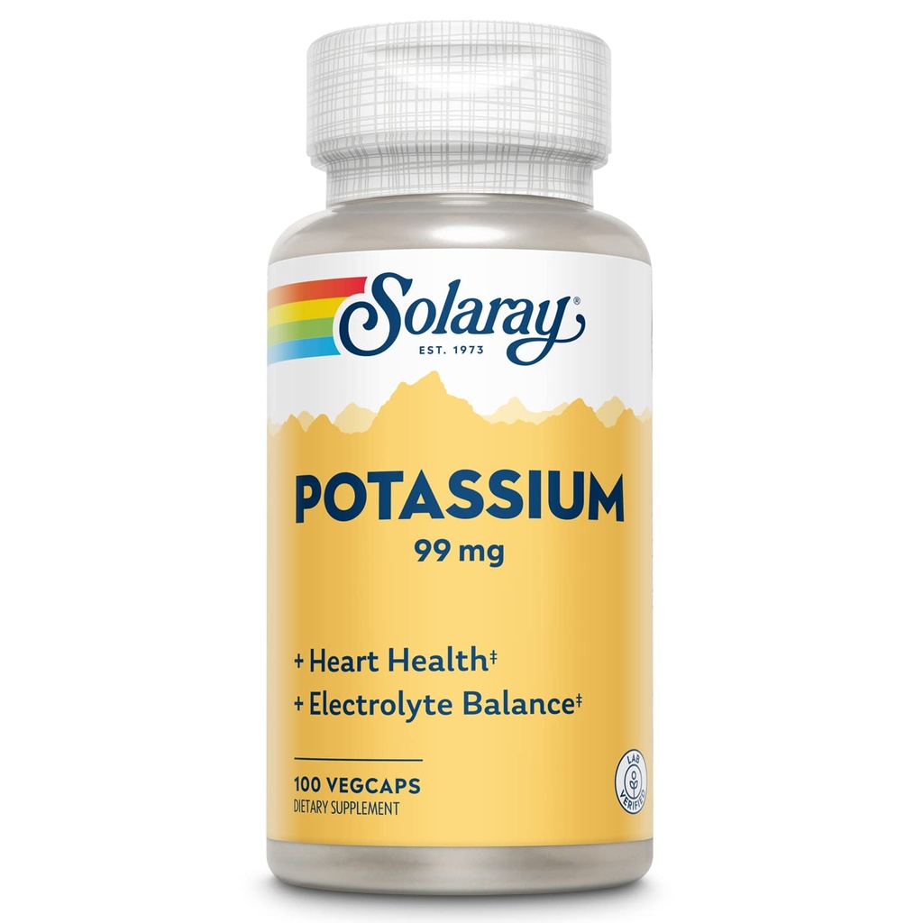 Solaray Potassium 99 מ"ג - Electrolyte Balance פורמולה - תוספי פוטאסום עבור אלקטרוליטים, תמיכה בריאות הלב - 60 יום כסף בחזרה להבטיח, מעבדה מאומת, 100 משרתים, 100 VegCaps