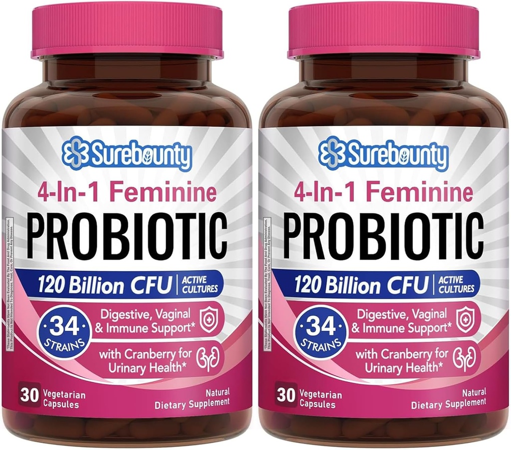 פרוביוטיקה לנשים, 120 מיליארד CFU 34 סטרינס, Prebiotics, Digestive Enzymes, Cranberry, 4in-1 Feminine Probiotic, Digestive, Vaginal, Immune Support, 60ct (Pack of 2)