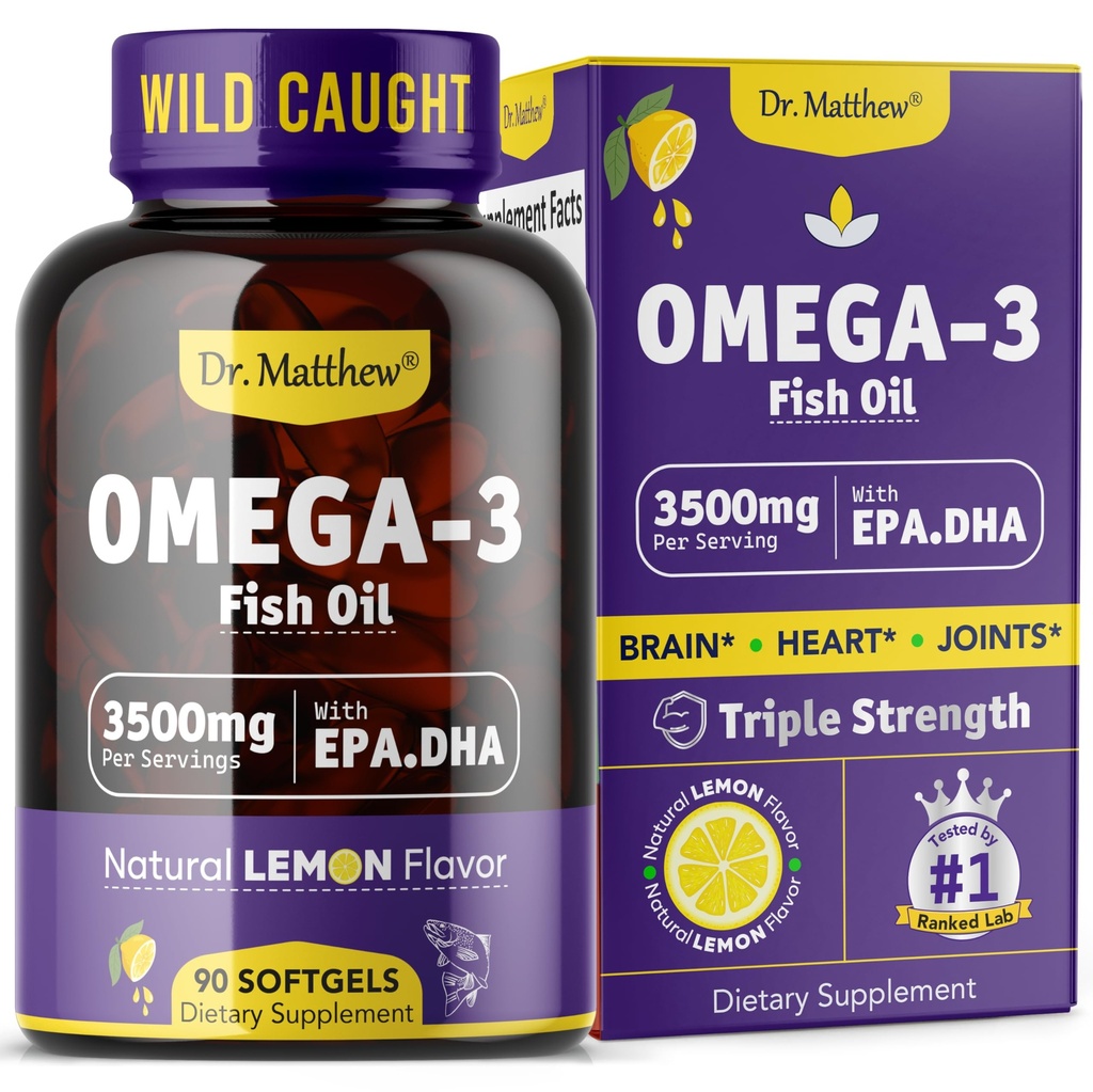 אומגה 3 שמן דגים, 3500 מ"ג, High EPA & DHA - No Fishy Taste, Easy to Swallow, Burpless, לימון טבעי - תומך בלב, המוח והבריאות המשותפת - 90 Softgels - Wild שנתפס.