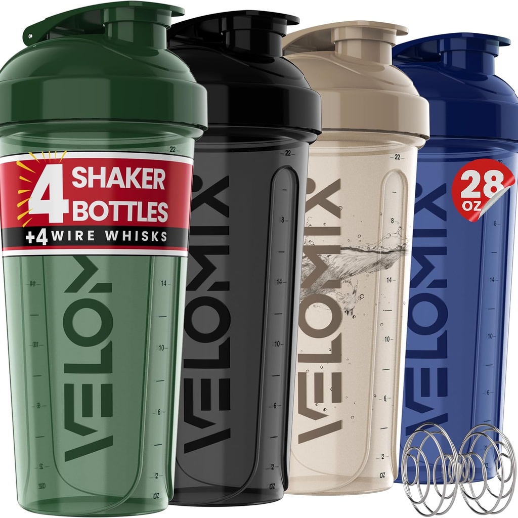 VELOMIX -4 PACK- 28 oz Shaker Cups forחלבון Shakes - 4x Wire Whisk | Leak Proof חלבון Shaker בקבוקי חלבון למיקסים