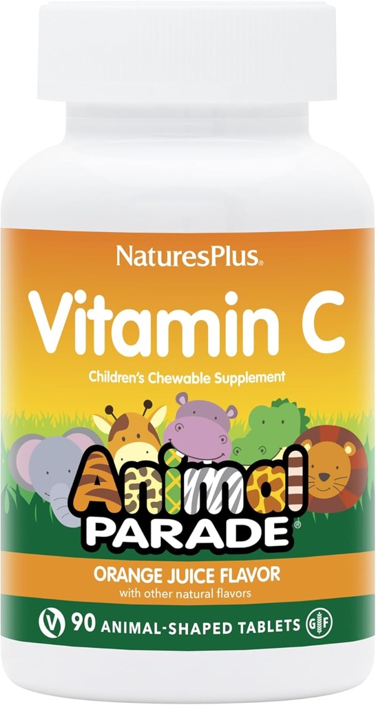 NaturesPlus Animal Parade ויטמין C Children's Chewable - Natural Orange Juice Flavor - 90 Animal-Shaped Tablet, Pack of 2 - טבעוני, Vegetarian, Gluten Free - 90 המשרתים המלאים