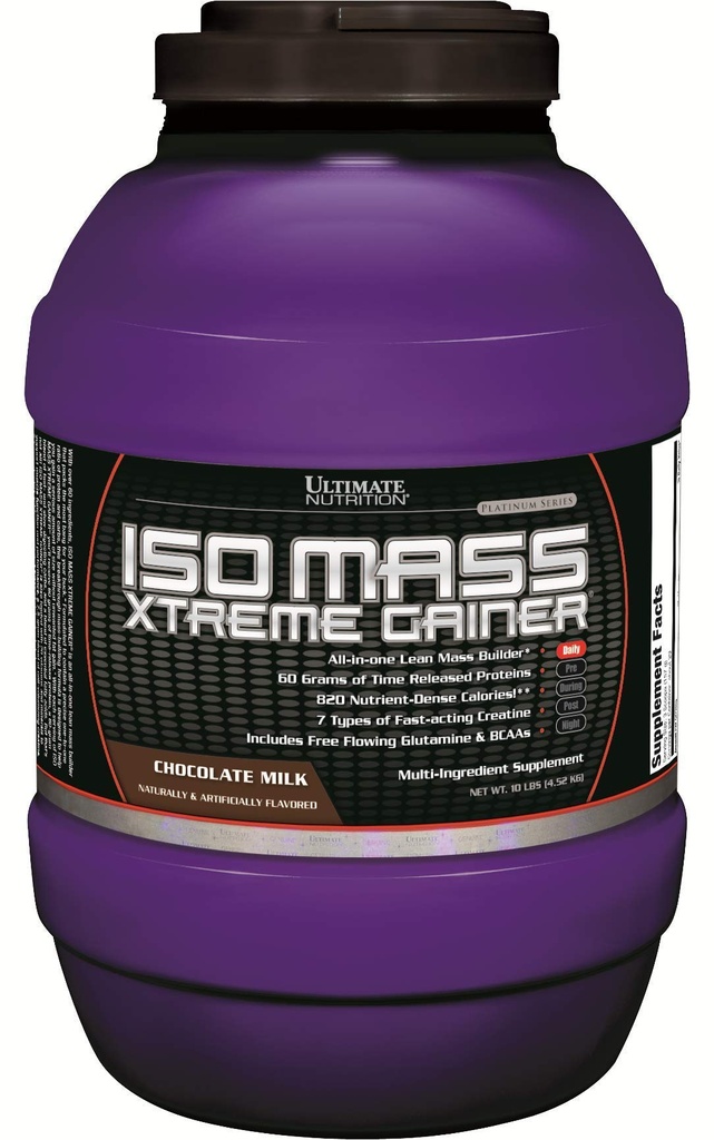 תזונה האולטימטיבית ISO Mass Xtreme Gainer, אבקת חלבון מקבל משקל עם Creatine, 60 גרמים של חלבון, Whey Isolate אבקת חלבון עבור Lean שריר מקבל, 10 LBS עם 30 משרתים, שוקולד שוקולד