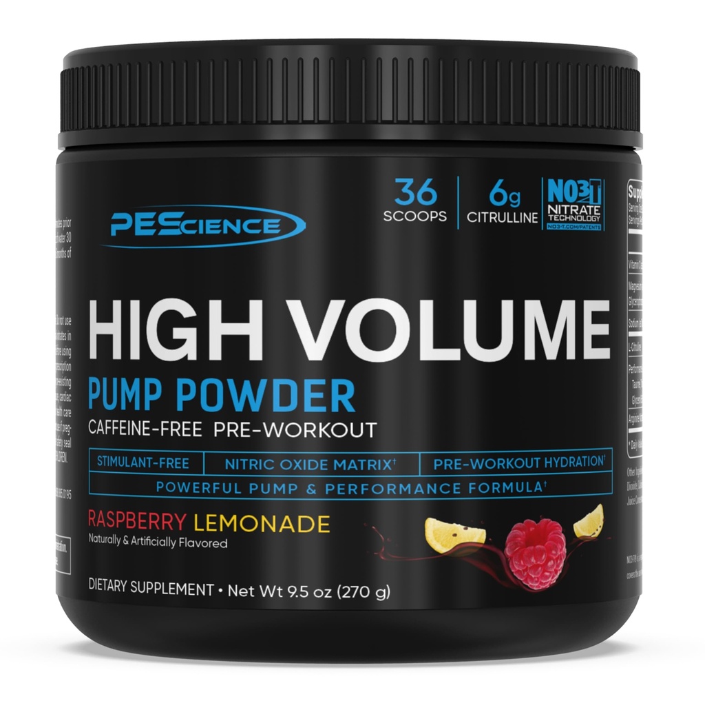 PEScience High Volume Stim-Free Pre-Workout שואב אבקה, Caffeine-Free עם L-Citrulline & L-Arginine Nitrate, Non-Stim Preworkout for Men and Women - 36 סקוטופס, פטל לימון