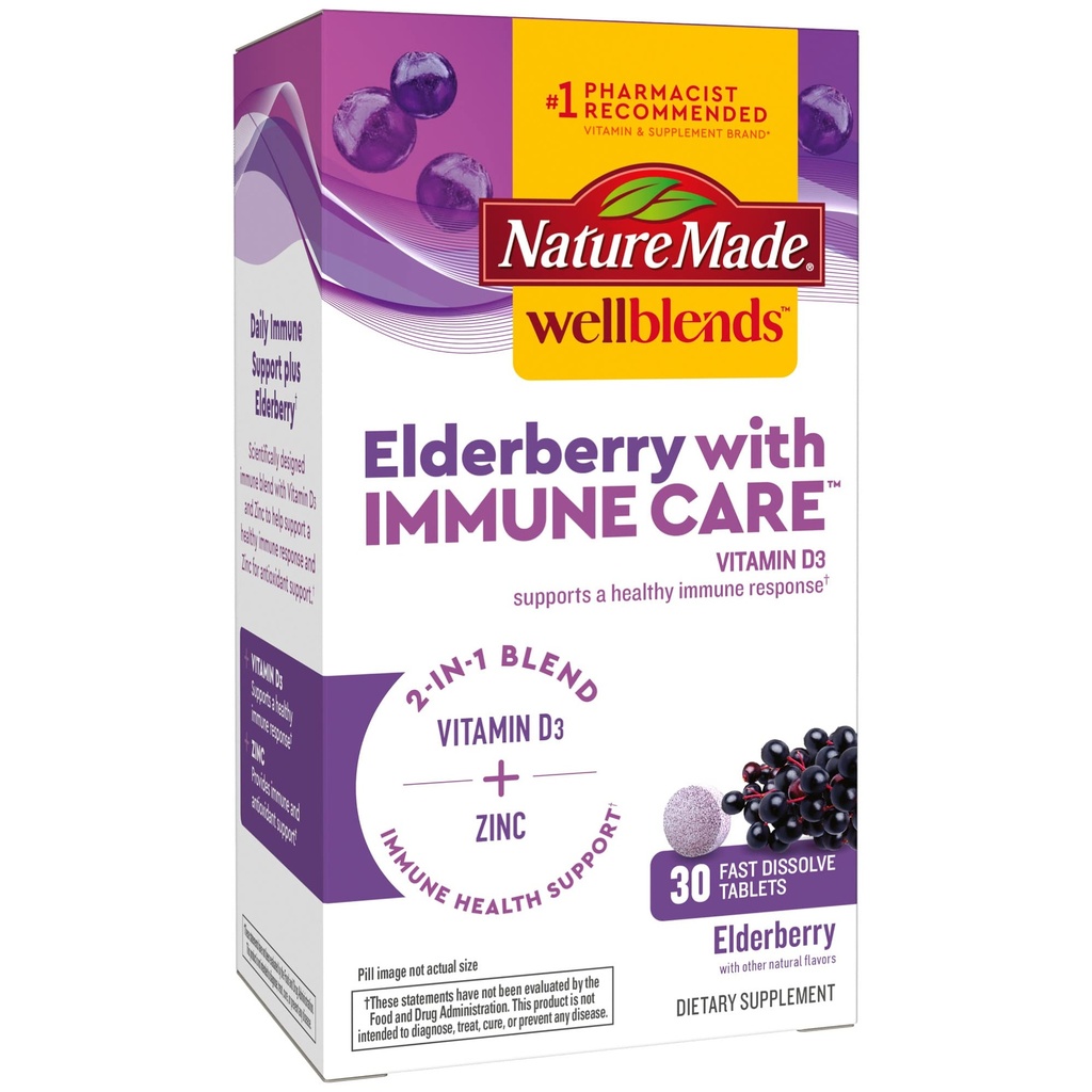 הטבע עשה Wellblends Elderberry עם ImmuneCare, ויטמין D3 ו- Zinc, עם Elderberry Flavor, 30 טבליות לדיסקלוט מהיר