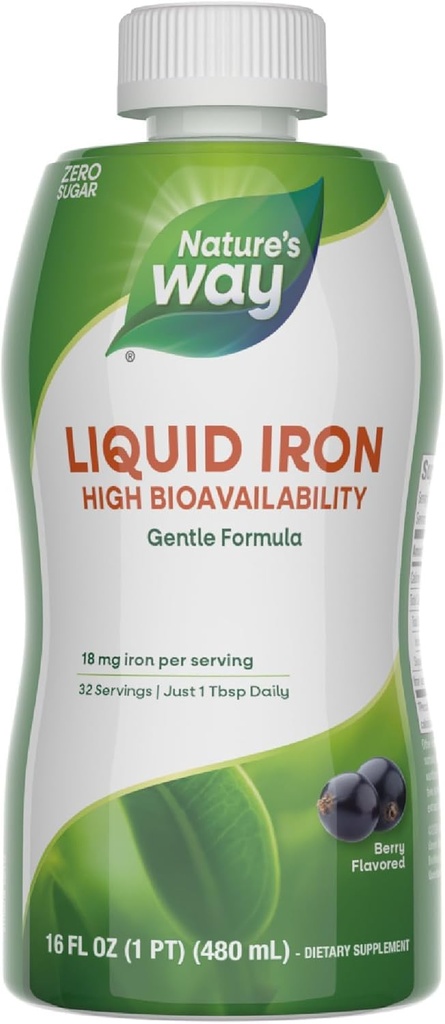 Nature's Way נוזל ברזל, 100% ערך יומי, 18 מ"ג ברזל כמו Ferric Glycinate לשרת, No Sugar הוסיף, ברי פלבדורד, 16 Fl Oz (Packaging May Vary)