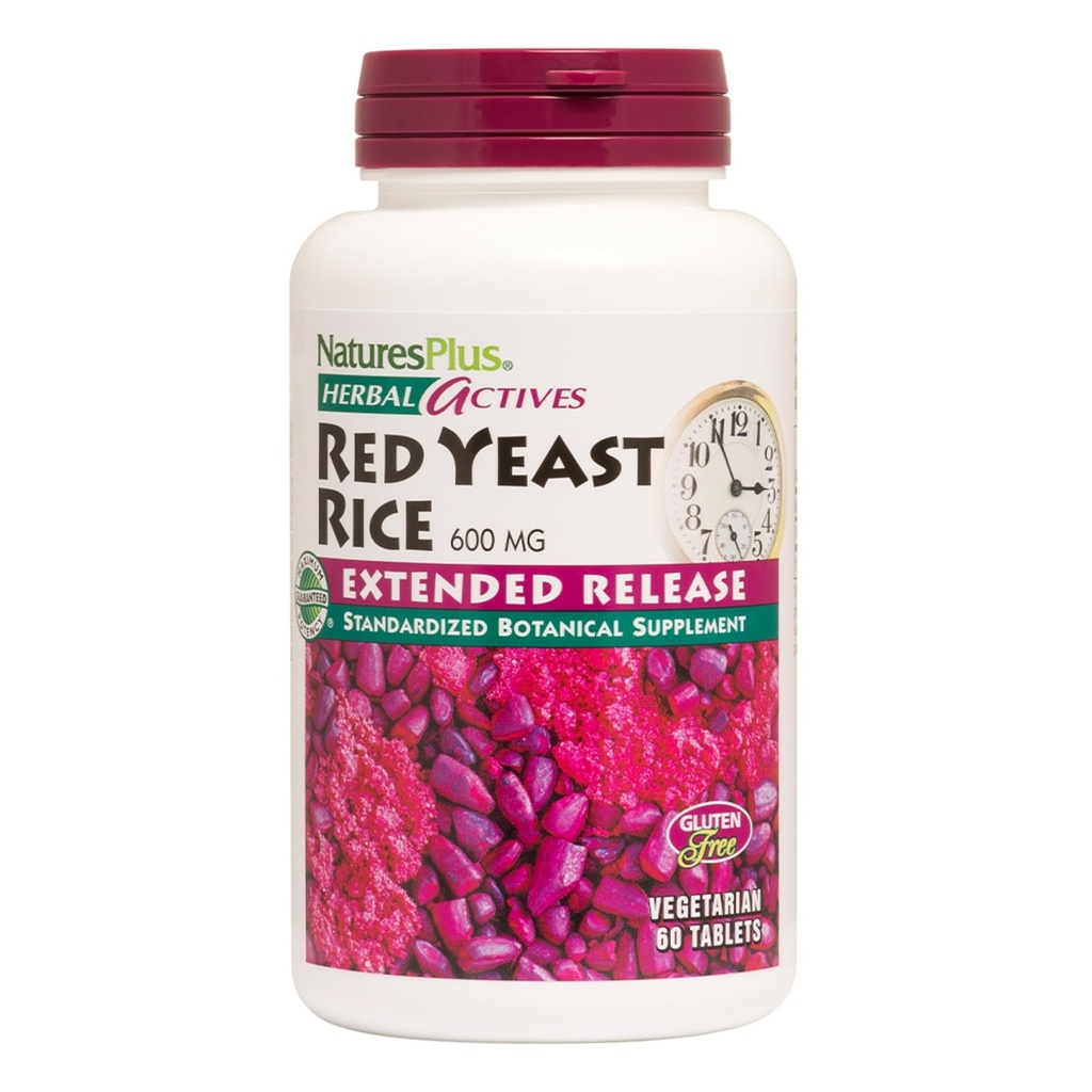 NaturesPlus Herbal Actives Red Yeast Rice, Extended Release - 600 מ"ג, 60 טבליות טבעוניות - תוסף צמחי - תמיכה כולסטרול - Vegetarian, Gluten-Free - 60 משרתים