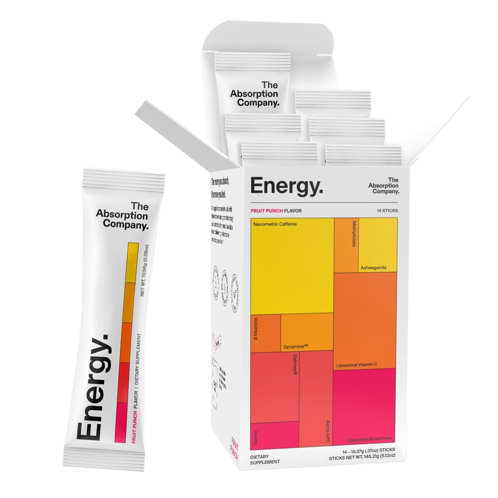 חברת Absorption משקאות אנרגיה אבקת Mix Packets - אנרגיה נקייה Booster לתמיכה באזהרות עם 150 מ"ג טבעי קפאין ווויטמין C - פירות פונצ'ר, 14 מקלים