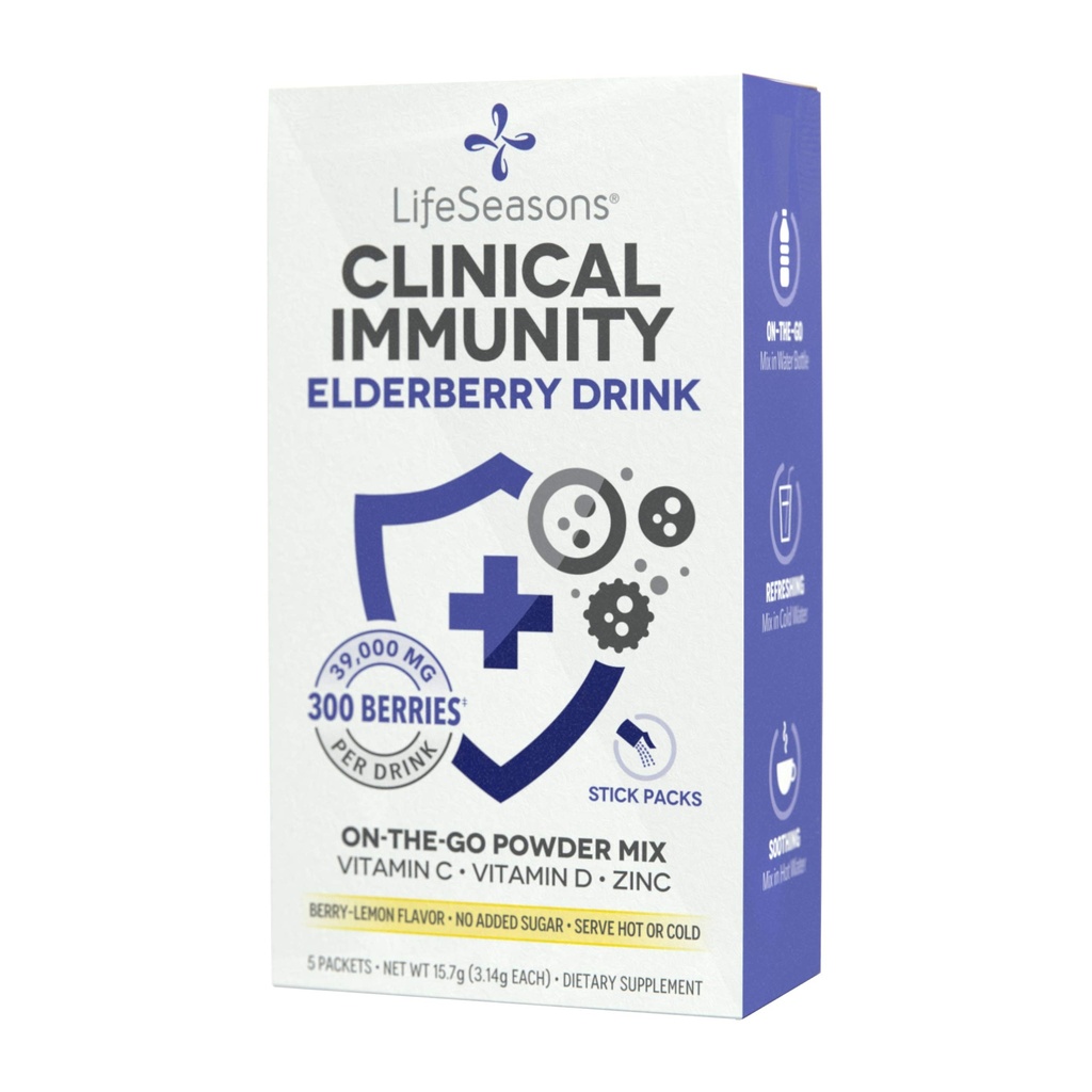 Life Seasons Clinical Immunity - Elderberry Drink Mix - Protects & Fights for Healthy Immune Response - Immunity Booster - 3X Better Than ויטמין C - לשרת חם או קר - ויטמין C + D + Zinc - (5 Pack)