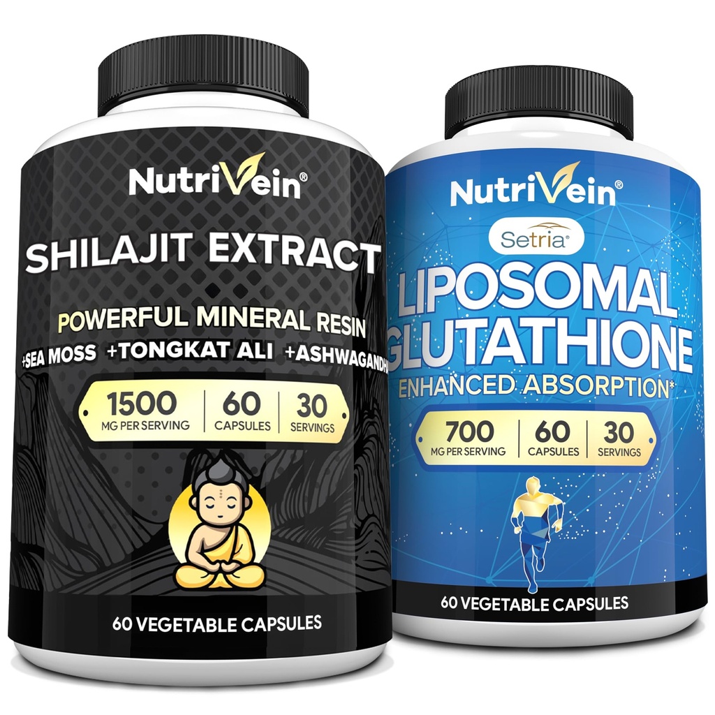 מזון מזינים Premium Shilajit קפסולות & Liposomal Glutathione תוסף Bundle: High-Absorption Glutathione Liposomal & Shilajit כמוסות לגברים ונשים - Liver, Detox, ו Vitalityione Liposomal & Shilajit כמוסות עבור גברים ונשים - Liver, Detox, ו Vitalityione