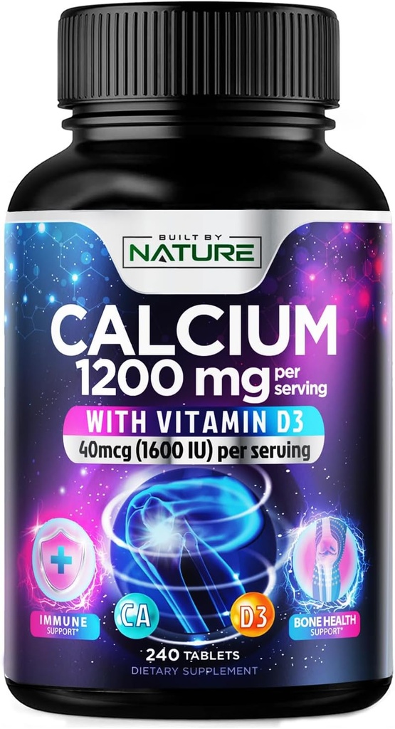 Calcium 1200 מ"ג עם ויטמין D3 עבור Best Absorption - תוסף תמיכה העצם מתקדם, 1200 מ"ג Calcium Carbonate & 1600 IU ויטמין D3, שחרור איטי עבור תמיכה החיסון, קל ל Swallow, 240 טבליות