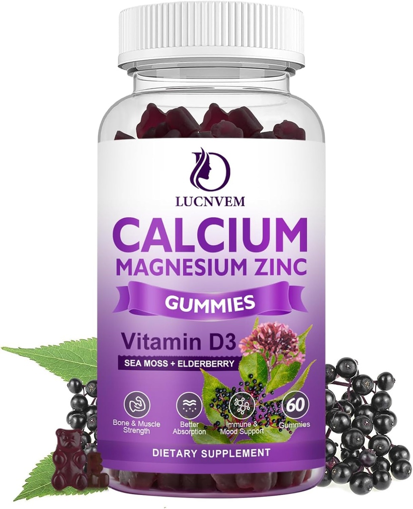 סוכר חינם Calcium Magnesium Zinc Gummies עם Elderberry ו Sea Mos, Calcium Magnesium 2:1, Magnesium Glycinate, Potassium ו ויטמין D3 עבור עצמות, שרירים, Calm Mood & Sleep תמיכה, 60 מסטיקים