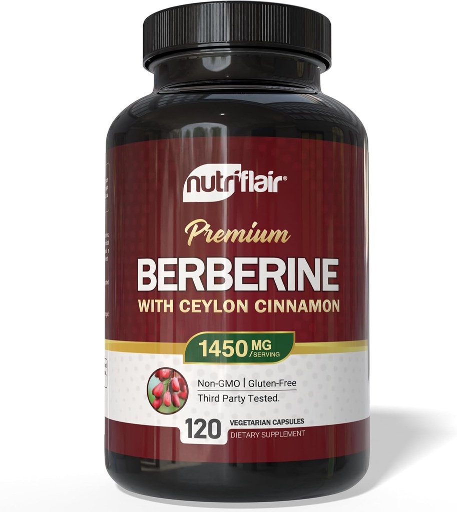 מזון תזונתיFlair Berberine עם Ceylon Cinnamon 1450 מ"ג תוסף - 120 קפסולות | High Potency Formula with Berberine HCl & אורגני Ceylon Cinnamon | Non-GMO, טבעוני, Gluten-Free