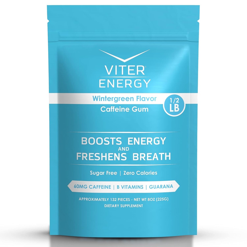 Viter Energy Caffeinated Gum 60mg Caffeine, B ויטמינים, Guarana, סוכר חינם (Wintergreen, 8oz, Bulk Bag)
