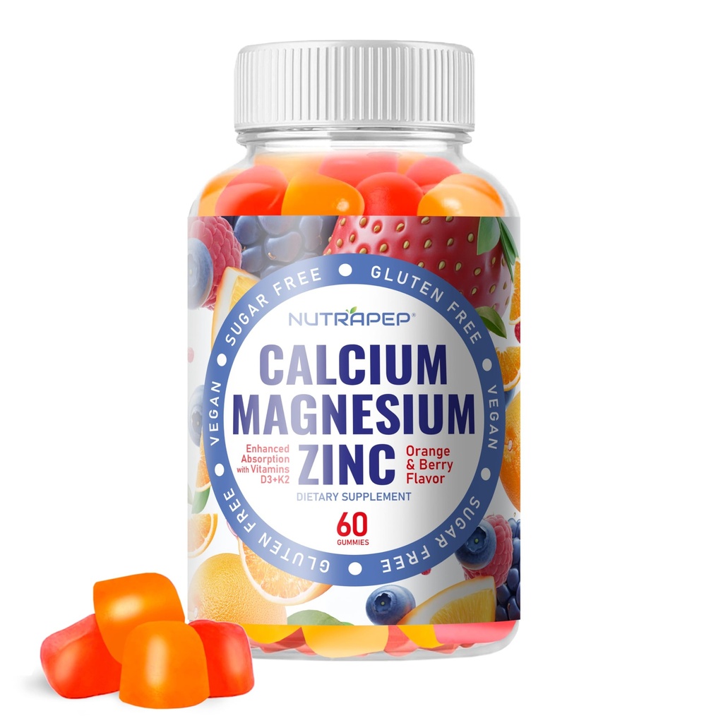 Calcium Magnesium Zinc Gummies - עם ויטמין D3 K2 Magnesium Glycinate - כתום ברי פלבדור טבעוני ללא סוכר חינם גלוט חינם לנשים ילדים