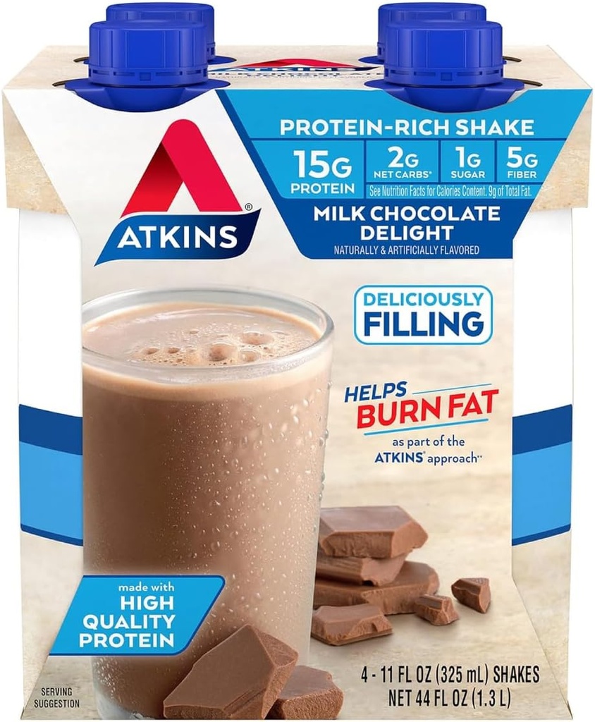 Atkins Milk Chocolate Delight Shake, 15g חלבון, נמוך Glycemic, 2g Net Carb, 1g סוכר, Keto Friendly, 4 Count