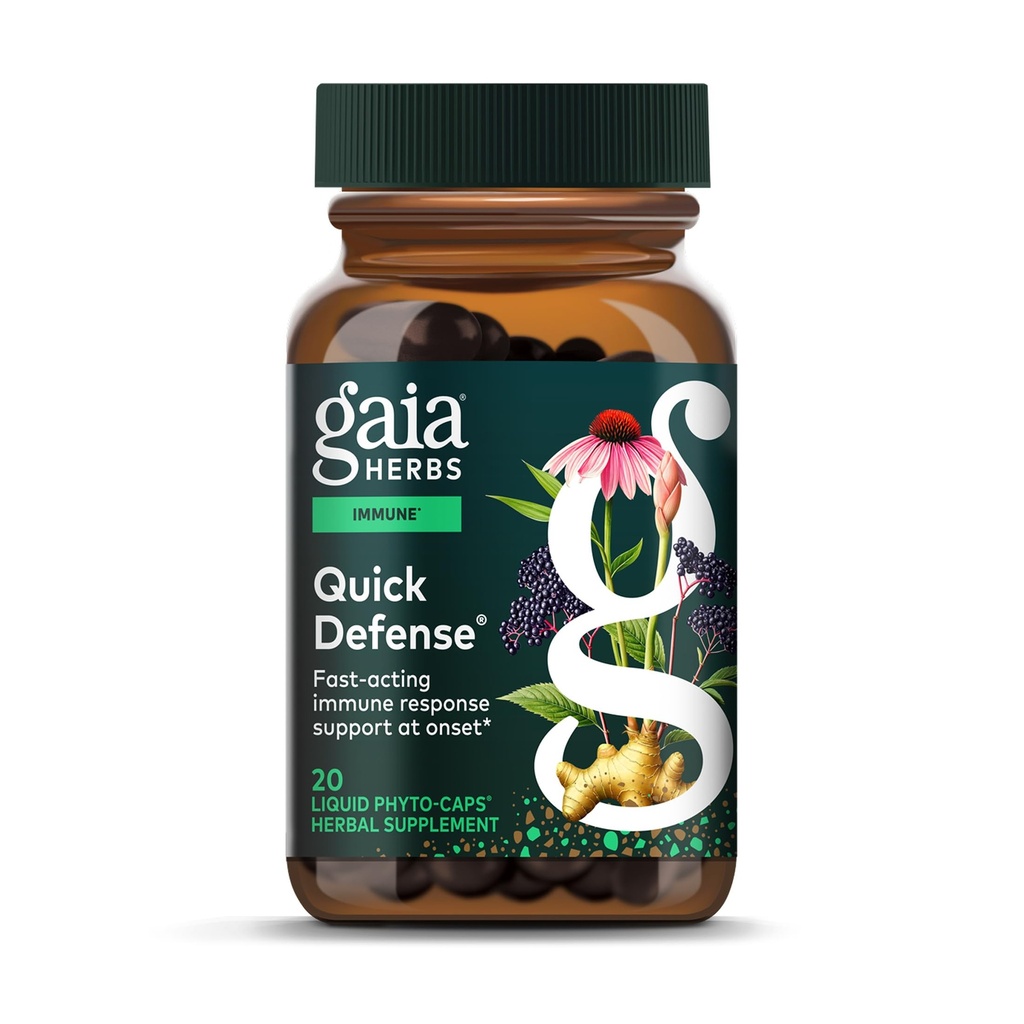 גאיה Herbs Quick Defense - Fast-Acting Immune Support Supplement* - Echinacea, Black Elderberry, ג'ינג'ר אנדורוגרף - 20 טבעוני נוזלי Phyto-Capsules (2 ימים אספקה)