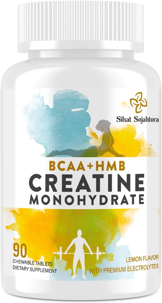 8-in-1 Creatine Monohydrate עם BCAA & HMB, 5000 מ"ג לגברים ונשים, Creatine Chews עבור שריר, התאוששות, אנדורנס וכוח, High Absorption, Lemon Flavor, Sugar-Free 90 טבליות