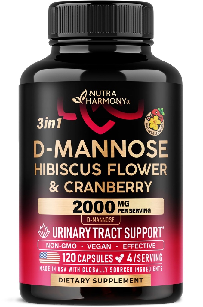 D-Mannose 2000 מ"ג עם Cranberry & Hibiscus - כוח נבדק קלינית לבריאות וטרינרית - תוספת לנשים - Bladder, Liver & Microflora תמיכה - מיוצר בארה"ב - טבעוני, 120 קפסולות