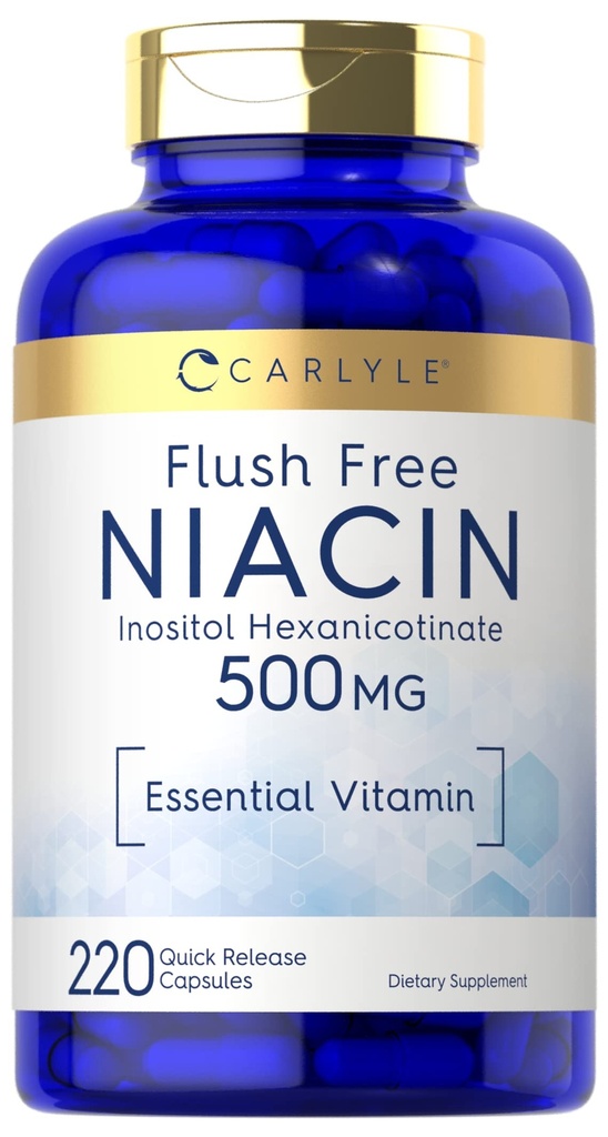 Carlyle Niacin Flush חינם 500 מ"ג | 220 קפסולות | Non-GMO ו- Gluten Glu Essential