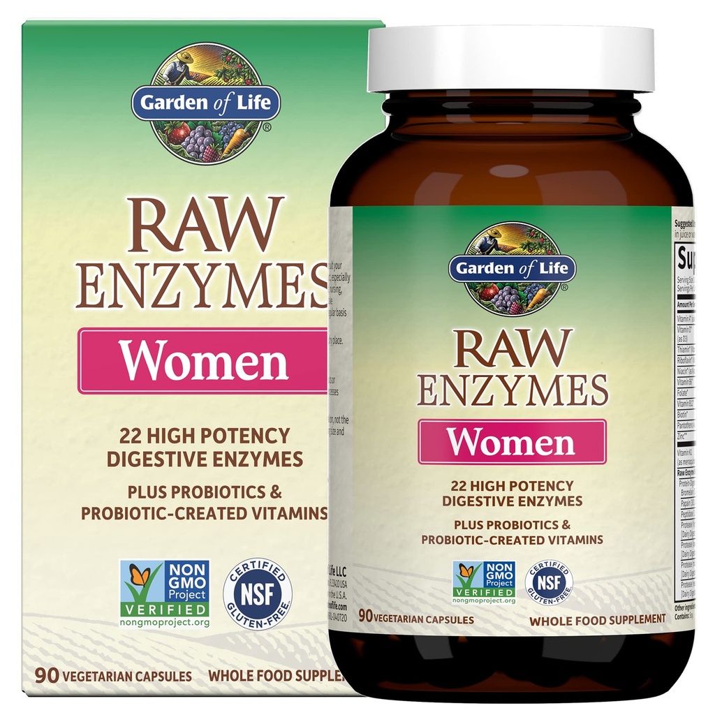 גן החיים 22 Powerful Raw Enmes for Women with Papain, Bromelain, Lactase בתוספת Probiotics ו ויטמינים B12, ביוטין ו Zinc, תוספת תזונתית עם Enzymes, Vegetarian, 90 קפסולות