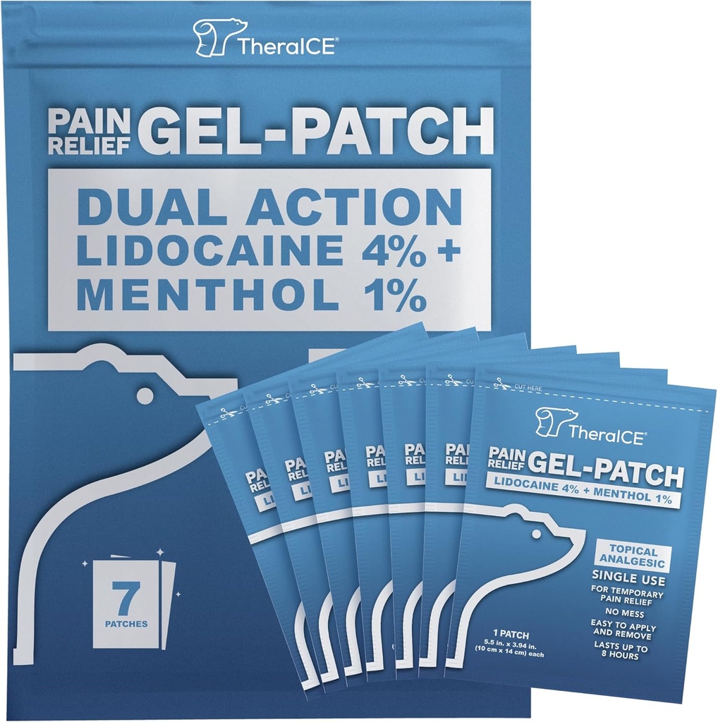 TheraICE Lidocaine Patches Plus Menthol - כוח מקסימלי חם & Icy קר הקלה עבור Back, צוואר וכתפיים כאב - 4% Lidocaine + 1% Menthol, גודל גדול (7 Count)