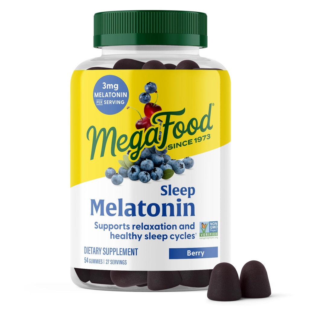 Mega Food Melatonin Gummies - מלטונין 3 מ"ג לשרת כדי לעזור להירגע ו Fall Asleep - Sleep Gummies for Adults - ברי פלאפור, Non-GMO, מוסמך טבעוני - 54 הרוזן (27 משרתים)