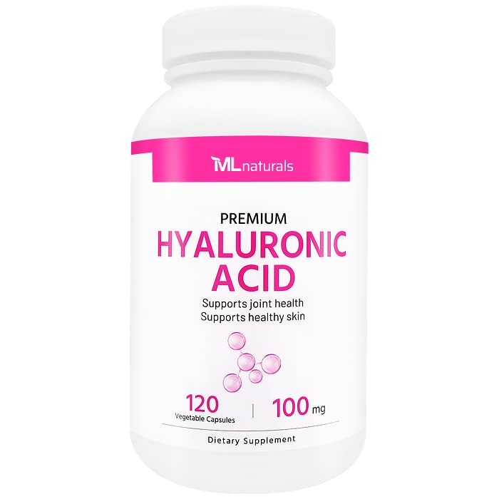 ML Naturals Premium Hyaluronic Acid 100 מ"ג 120 קפסולות ירקות, יום (4 חודשים אספקה), איכות Premium, NSF-Certified & cGMP-Compliant.