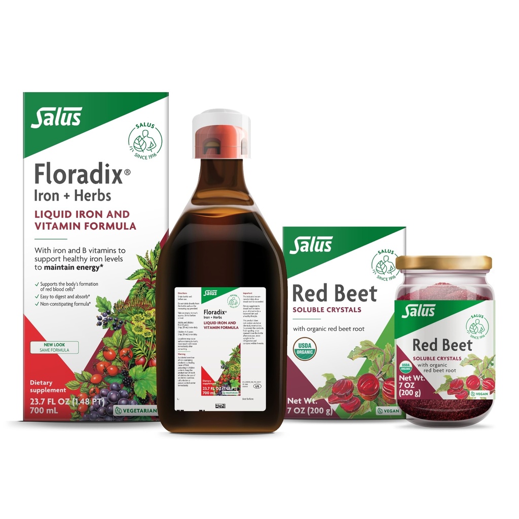 Flordix Iron & Herbs (23.7 oz) & Salus Red Beet Crystals (7 oz) - תוספת ברזל לתמיכה באנרגיה בריאה * & אורגני Beet Root Drink