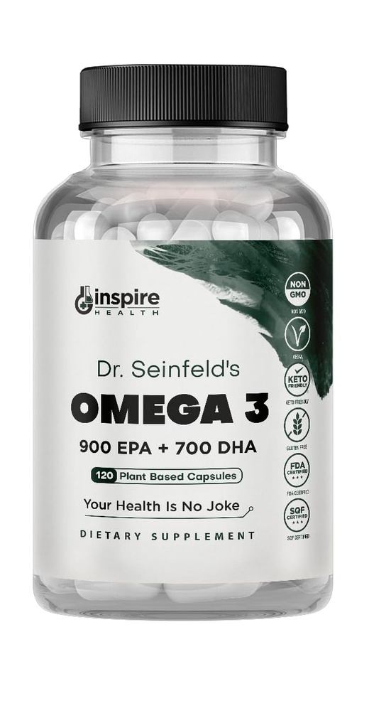 תוסף אומגה 3 הטוב ביותר - 120 קפסולות - Algae אומגה 3 Vegetarian תוסף שמן דגים מבוסס צמחי - EPA DHA תוספת - המיוצר בארה"ב - טיפול בלחץ הלב ד"ר סיינפלד