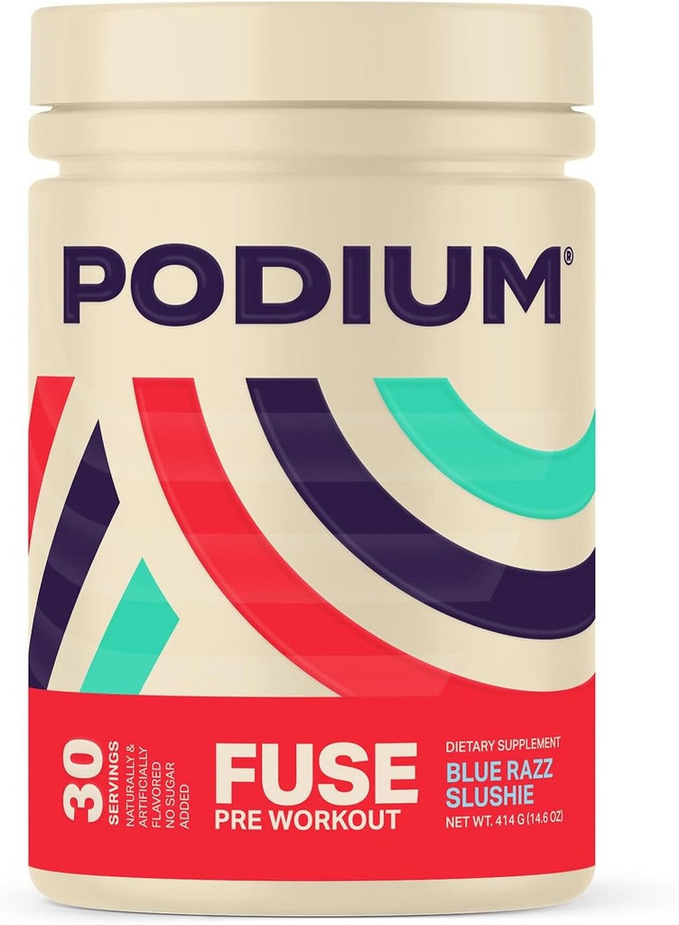 Podium Nutrition, Fuse Pre Workout אבקה, Blue Razz Slushie, 30 משרתים, Beta Alanine וקפאין לאנרגיה, Gluten Free, Soy Free, Milk
