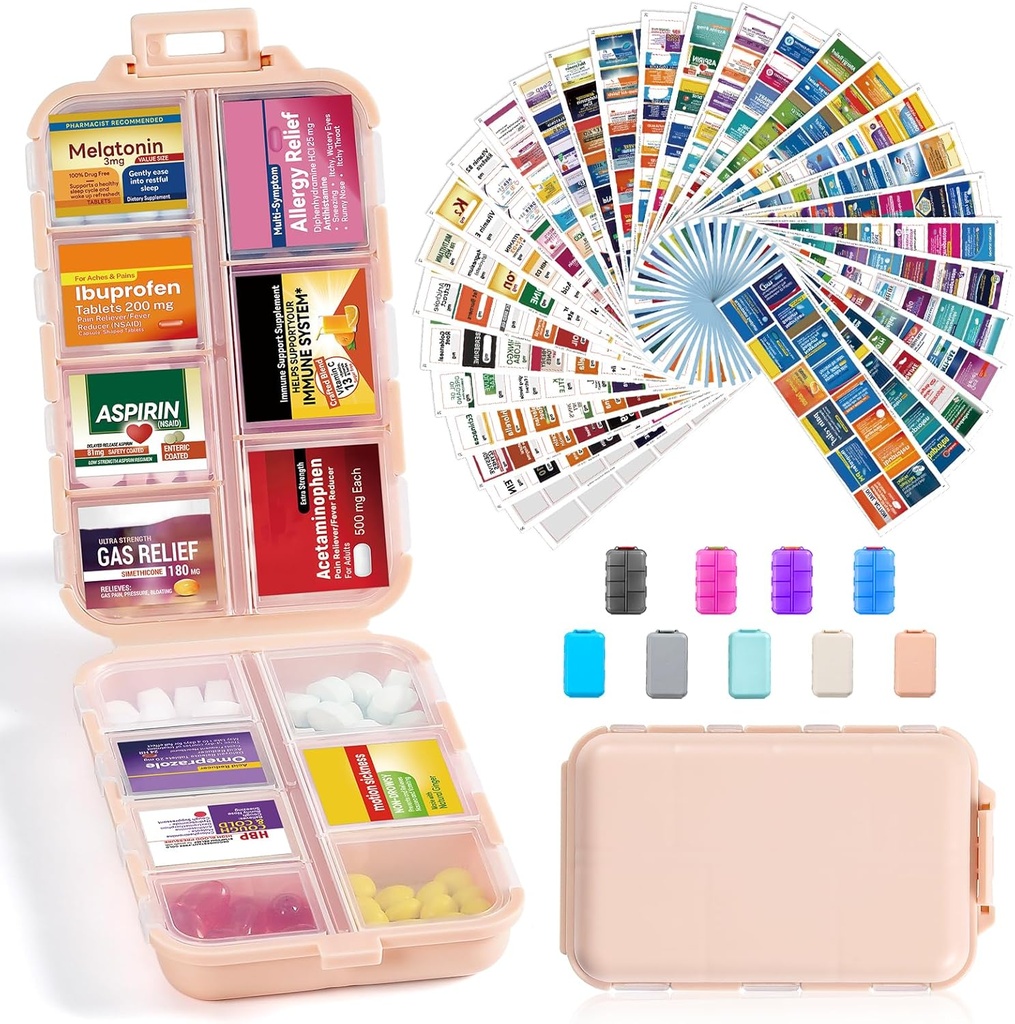 14 Grids Travel Pill Organer Box with 415-Pcs Medicine Name Labels - Pocket Daily Pharmacy Case Container Kit - Travel Holder Dispenser for Fish Oil Storage - Pink Pink Pink