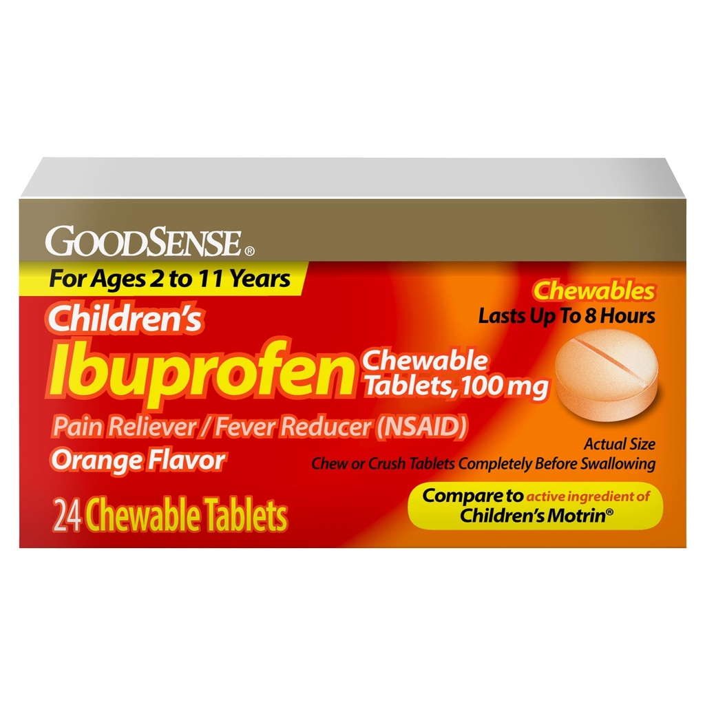 טבליות של GoodSense Children's Ibuprofen Chewable, 100 מ"ג, 24 Count, Pain Reliever ו- Fever מופחת (NSAID), מצמצם באופן זמני את Fever ו-Relieves Minor Aches וכאב