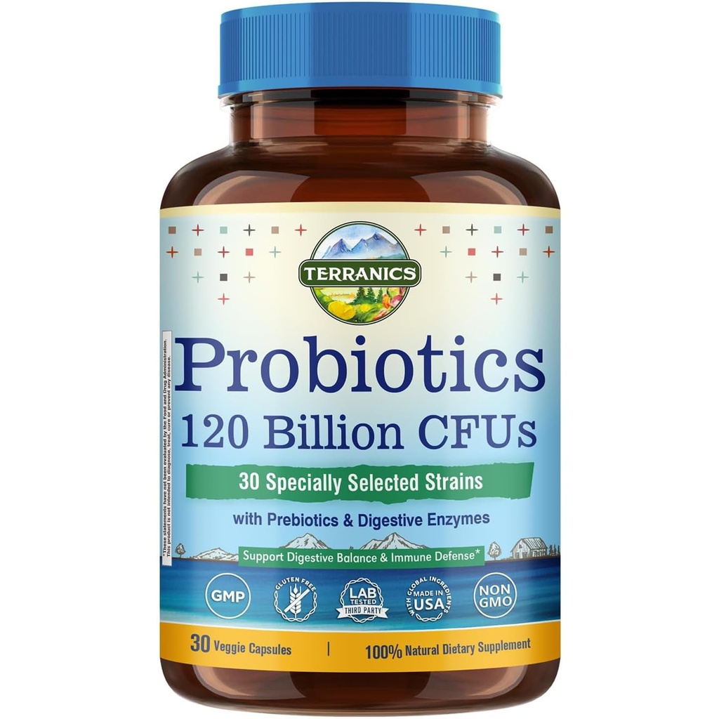 Terranics Probiotics 120 מיליארד עם Prebiotics & Digestive Enzymes, 30 Tested Strains, Complete Digestion & Immune Support, non-GMO, no Soy, Milk & Gluten, for Men and Women, 30 Veggie קפסולות